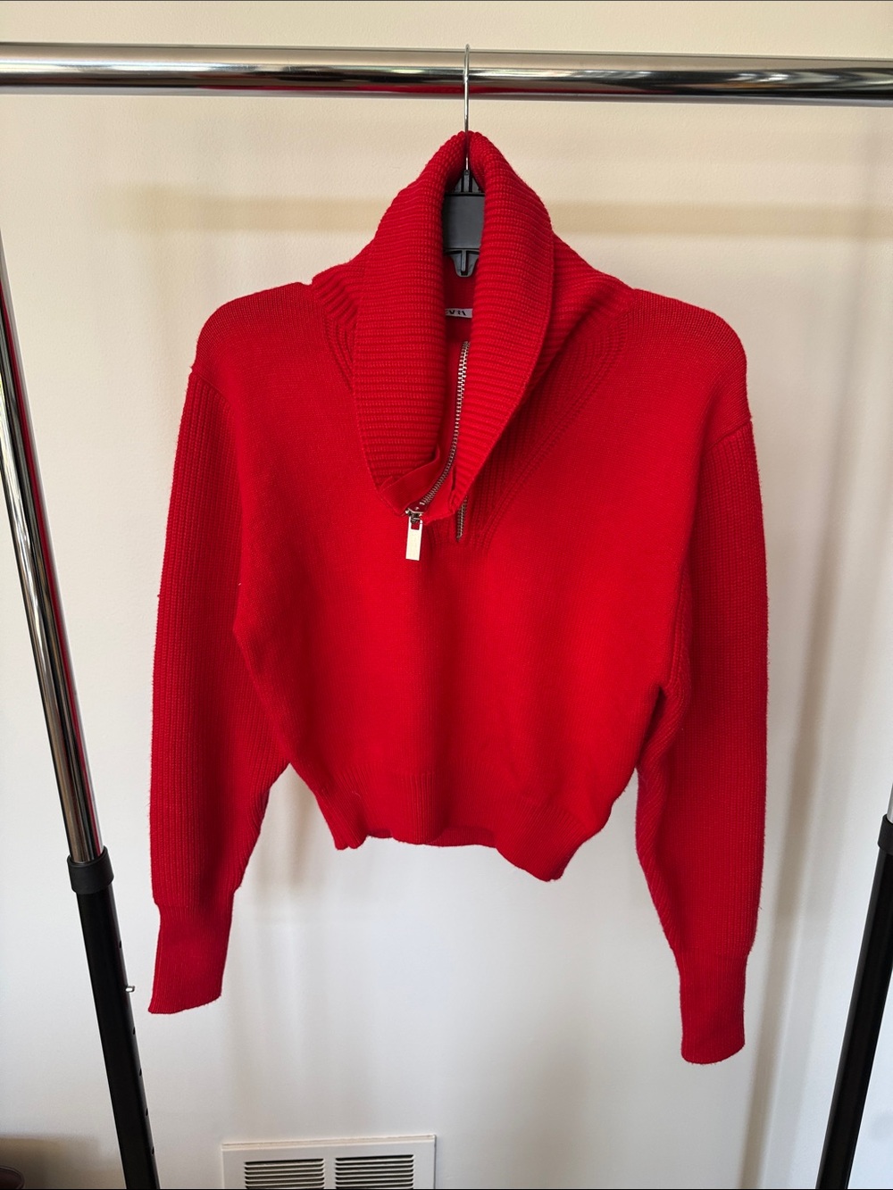 Zara Bright Red Cropped Cowl Zip Sweater
